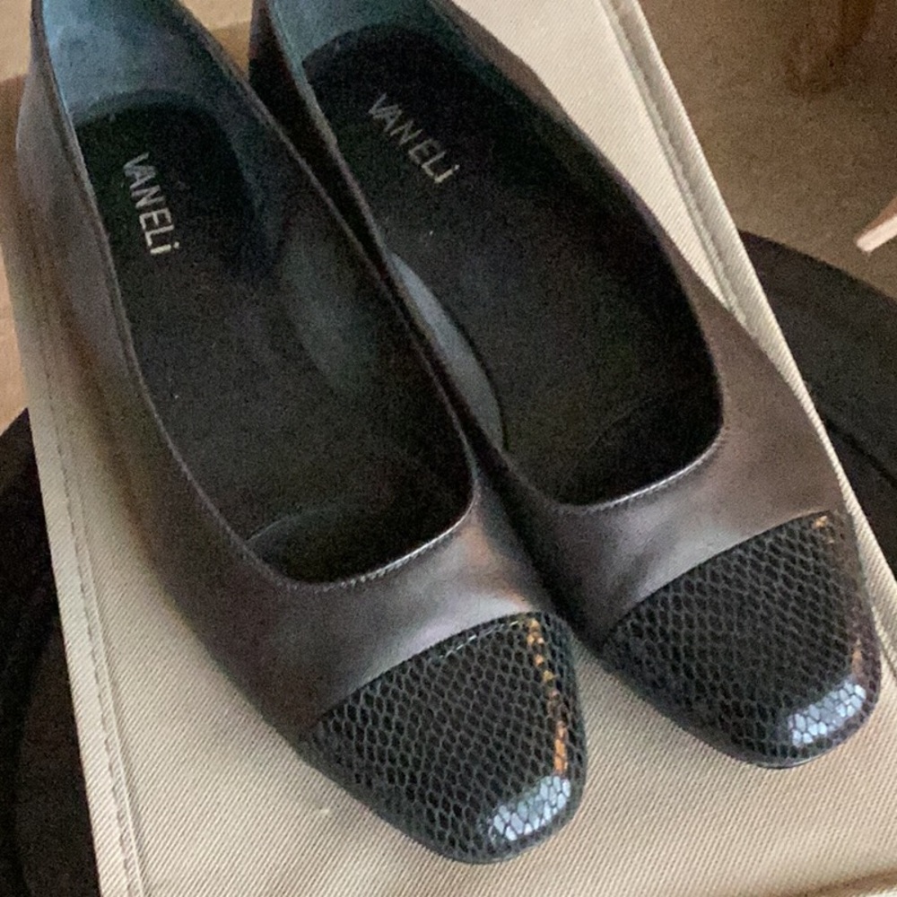 Vaneli Black Flats with Glossy Toe Accent